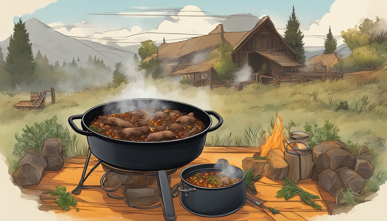 A Texas-style wild boar ragu simmering in a cast iron pot over an open flame, with aromatic herbs and spices scattered around