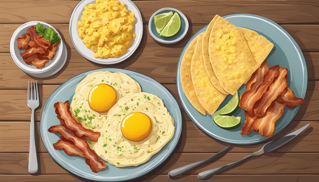 A rustic wooden table set with a plate of soft scrambled eggs, accompanied by crispy bacon, sliced avocado, and a side of warm tortillas