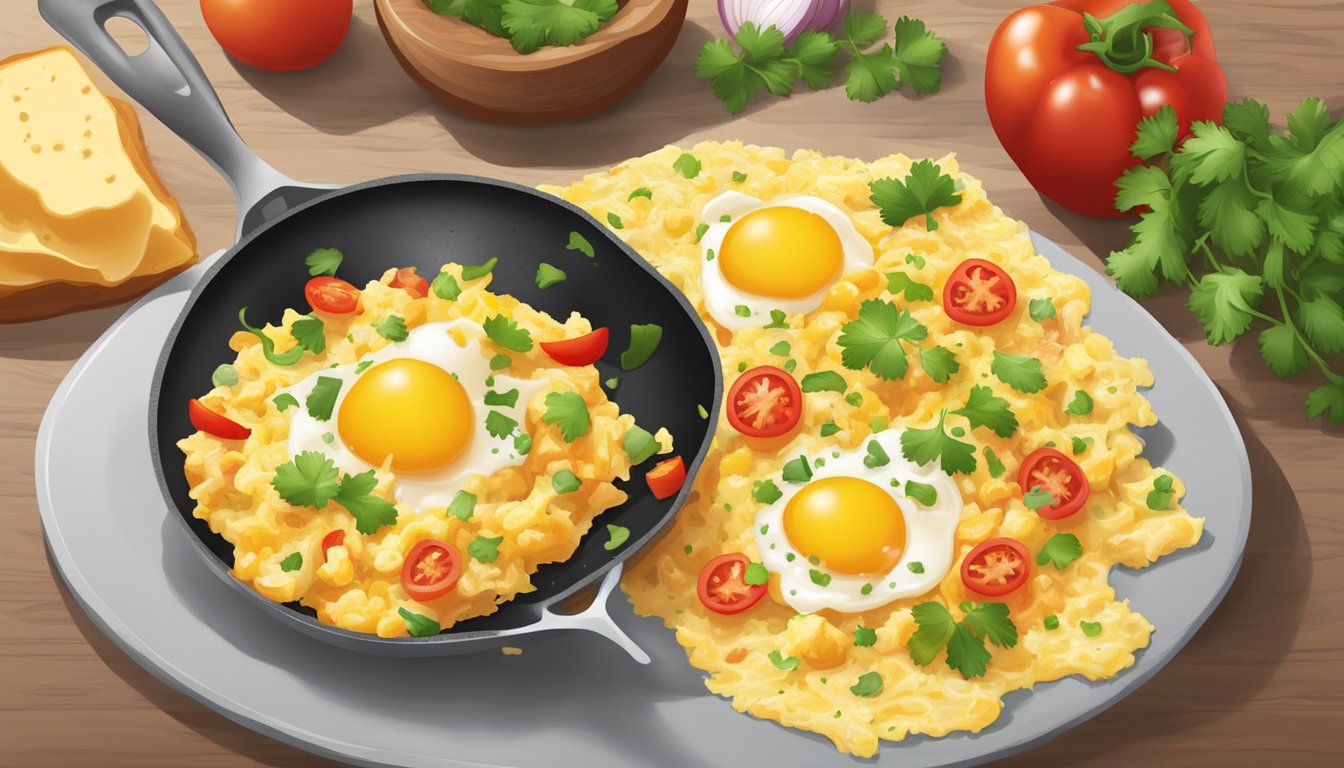 A sizzling skillet of soft scrambled eggs with diced tomatoes, onions, and peppers, sprinkled with shredded cheese and garnished with fresh cilantro