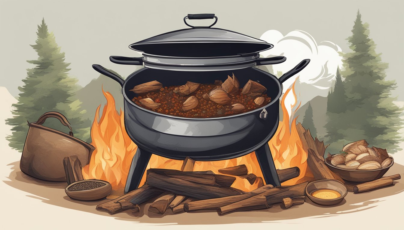 A large pot simmering with wild boar, tomatoes, onions, and spices over a crackling fire in a Texan wilderness