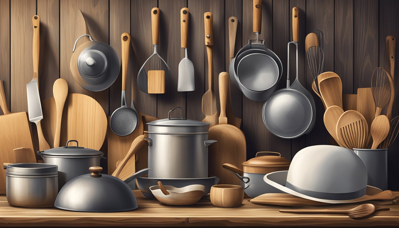 A collection of Texas chef hats and cooking utensils arranged on a rustic wooden table