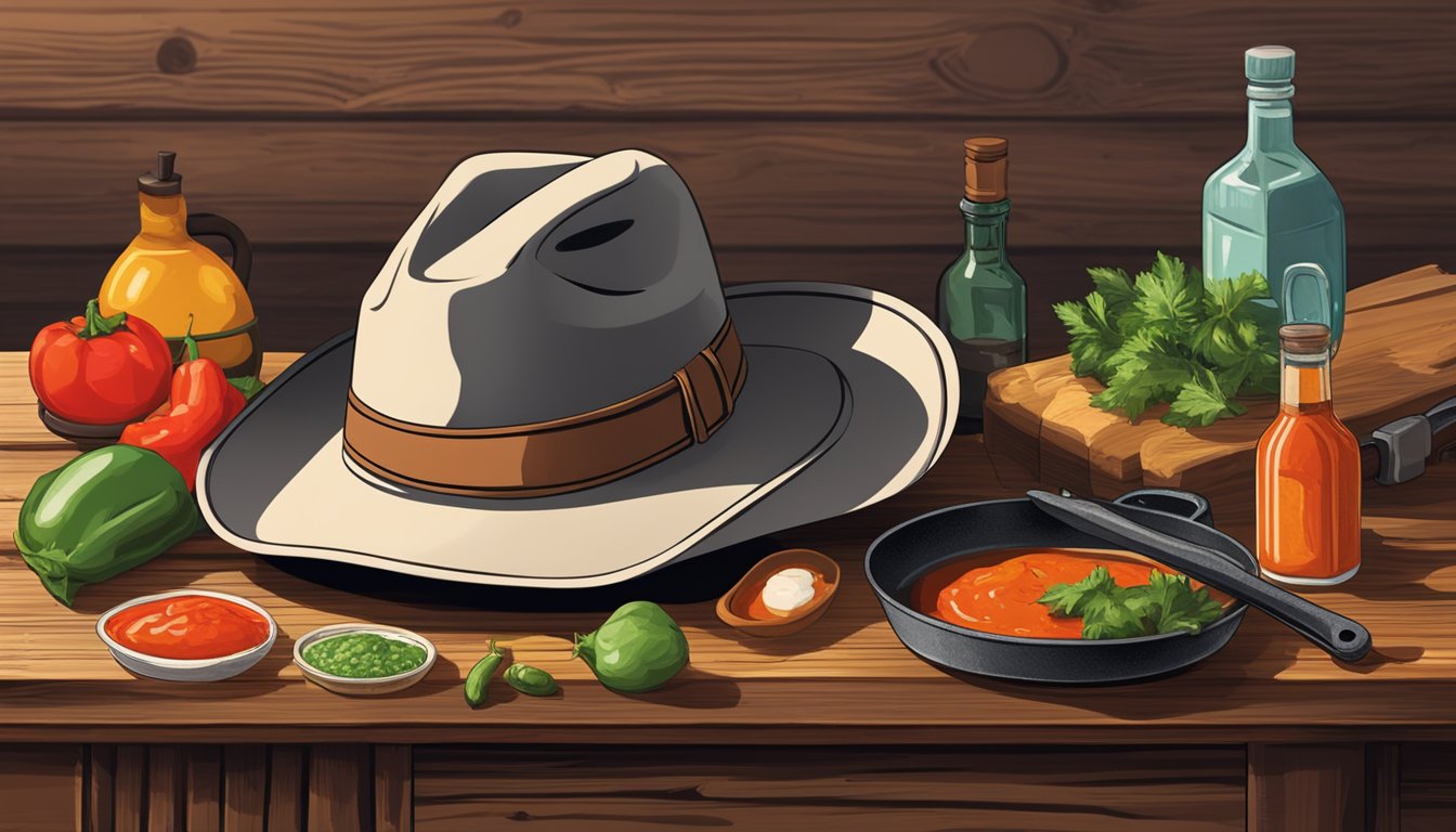 A cowboy hat resting on a worn wooden table, surrounded by a cast iron skillet, a bottle of hot sauce, and a pile of fresh ingredients