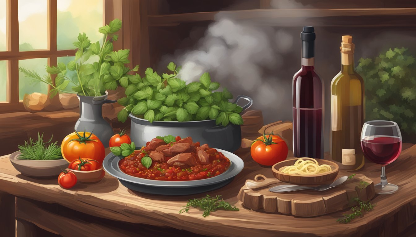 A rustic wooden table set with a steaming pot of wild boar ragu, surrounded by fresh herbs, tomatoes, and a bottle of red wine