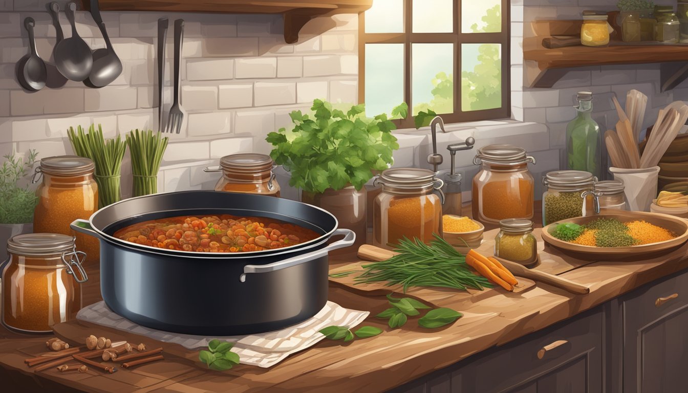 A rustic kitchen with a pot of wild boar ragu simmering on the stove, surrounded by jars of spices and a wooden cutting board with fresh herbs