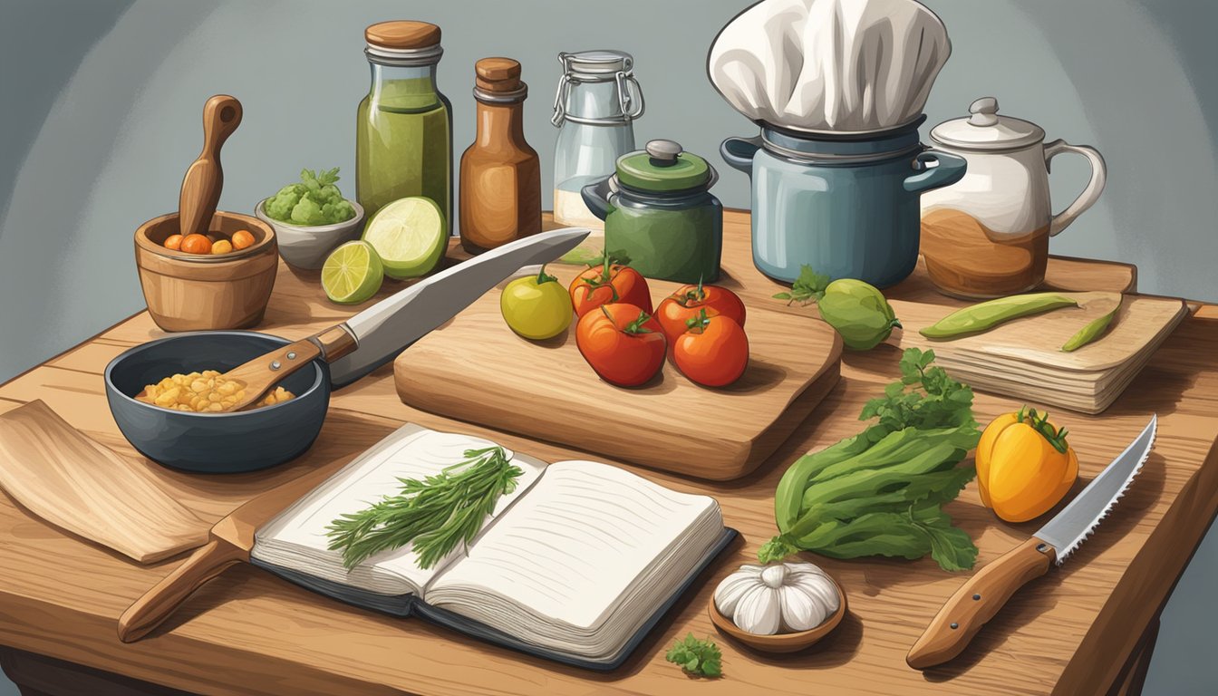 A rustic kitchen with a collection of contemporary Texas cookbooks, fresh ingredients, and a chef's knife on a wooden cutting board