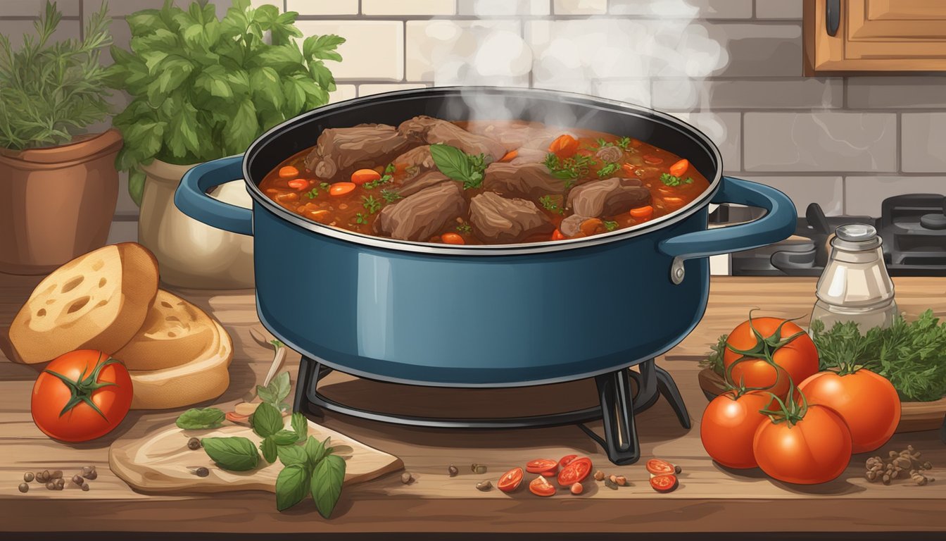 A rustic kitchen with a bubbling pot of wild boar ragù simmering on a stove, surrounded by fresh herbs, tomatoes, and spices