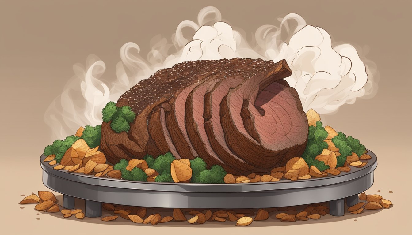 A large prime rib roast sits on a smoking grill, surrounded by aromatic wood chips. The smoke billows around the meat, infusing it with rich flavor