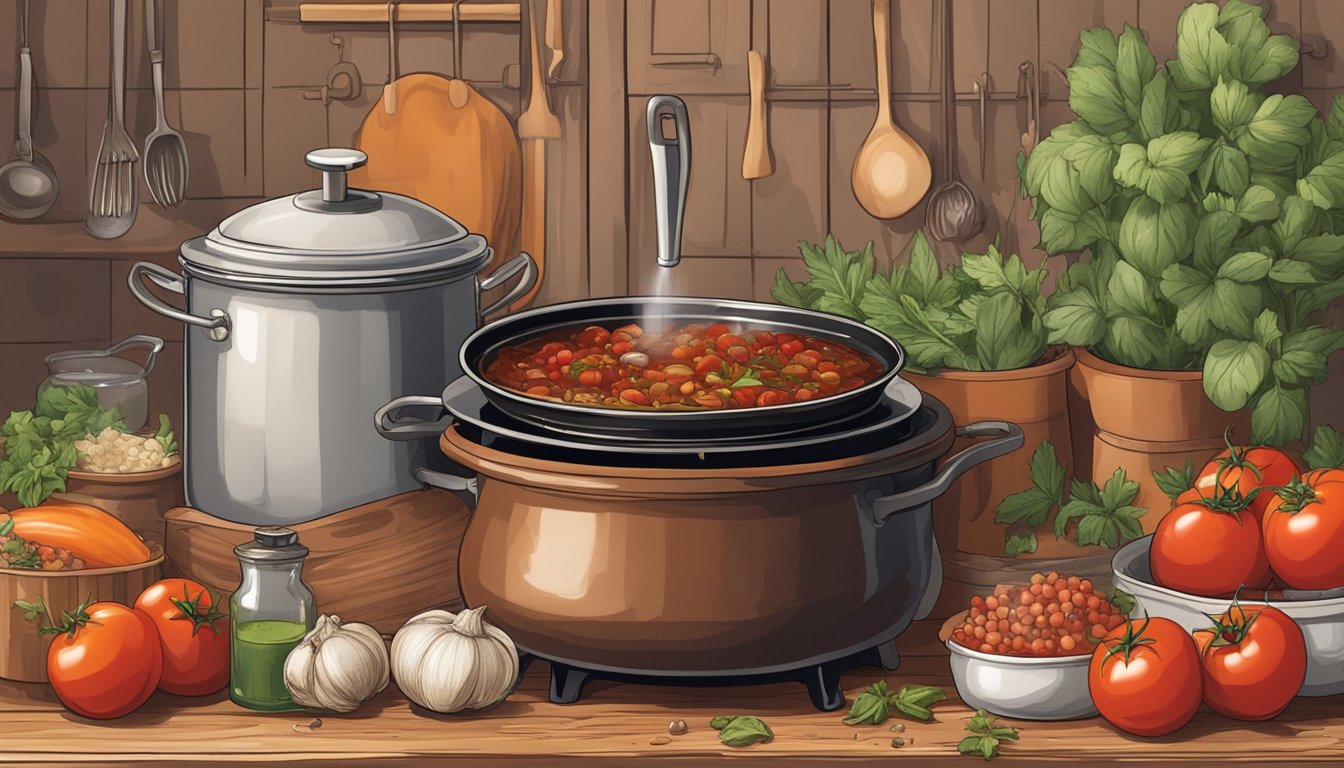 A rustic kitchen with a bubbling pot of wild boar ragu simmering on a stove, surrounded by ingredients like tomatoes, garlic, and herbs