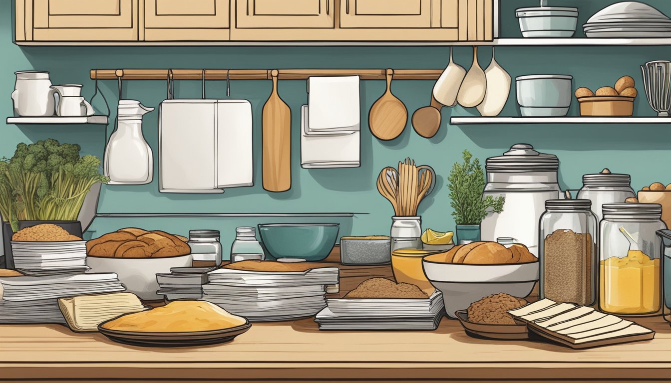 A kitchen counter with an assortment of baking ingredients and cookbooks by Texas chefs spread out for reference