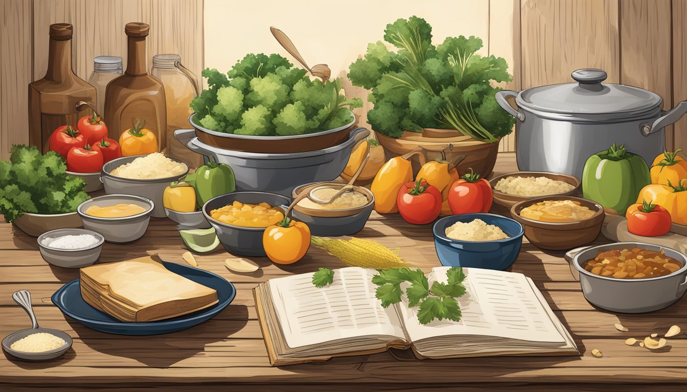 A collection of Texas cookbooks arranged on a rustic wooden table with fresh ingredients scattered around them