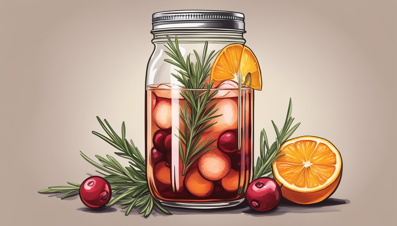 A mason jar filled with a cranberry bourbon cocktail, garnished with a sprig of fresh rosemary and a slice of orange