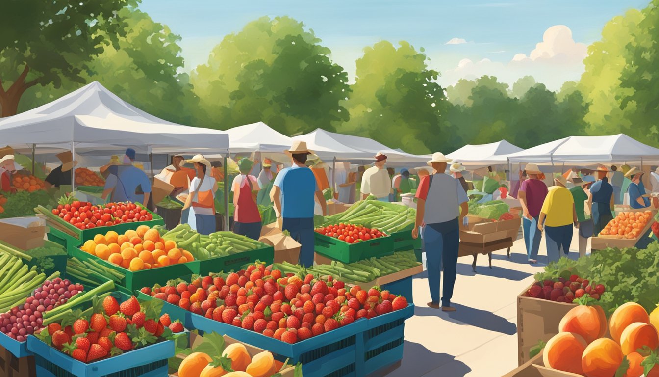 A bustling farmers' market with colorful displays of ripe strawberries, juicy peaches, plump tomatoes, and vibrant green asparagus. The sun shines down on the abundance of fresh spring produce in Texas