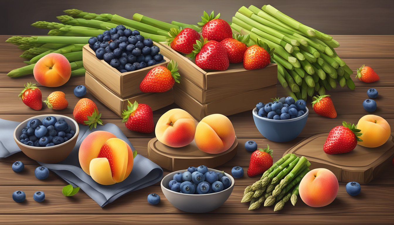 A colorful array of ripe strawberries, juicy peaches, plump blueberries, and vibrant green asparagus arranged on a wooden table