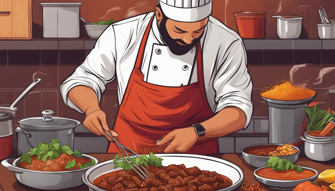 A chef pours a rich, red adobo sauce over a sizzling pan of beef birria, surrounded by vibrant spices and fresh ingredients