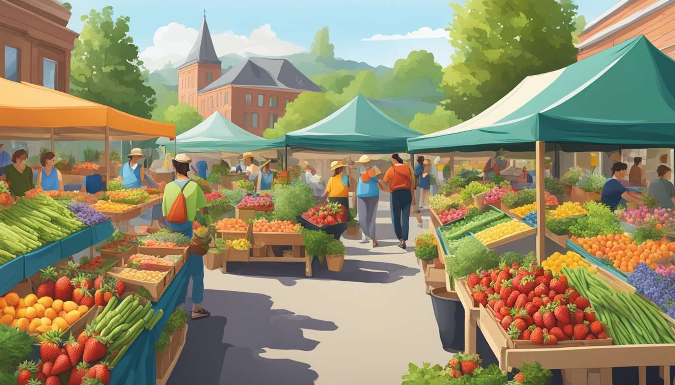 A bustling farmer's market with colorful displays of ripe strawberries, vibrant asparagus, and juicy peaches, surrounded by blooming wildflowers and lush greenery