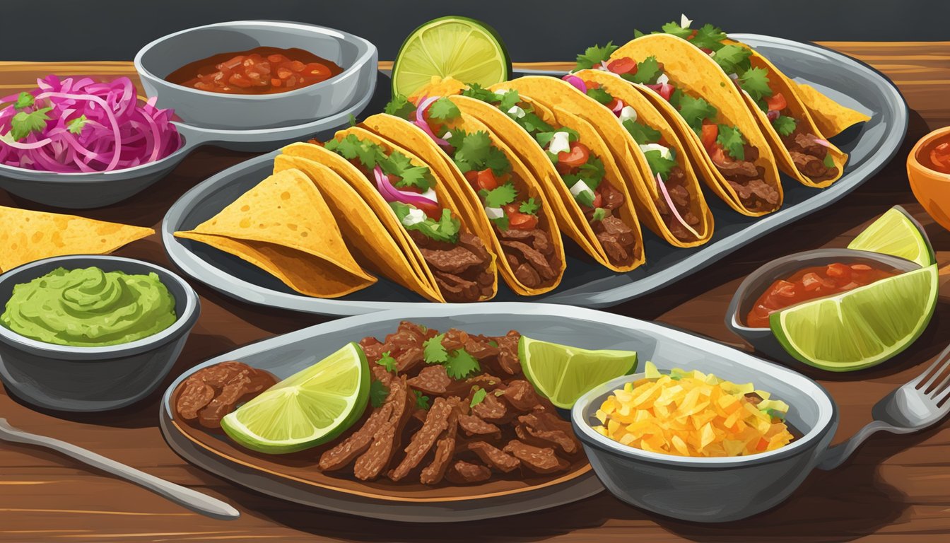 A rustic wooden table with a spread of beef birria tacos, accompanied by sides like guacamole, salsa, and lime wedges, evoking a Texas-style fiesta