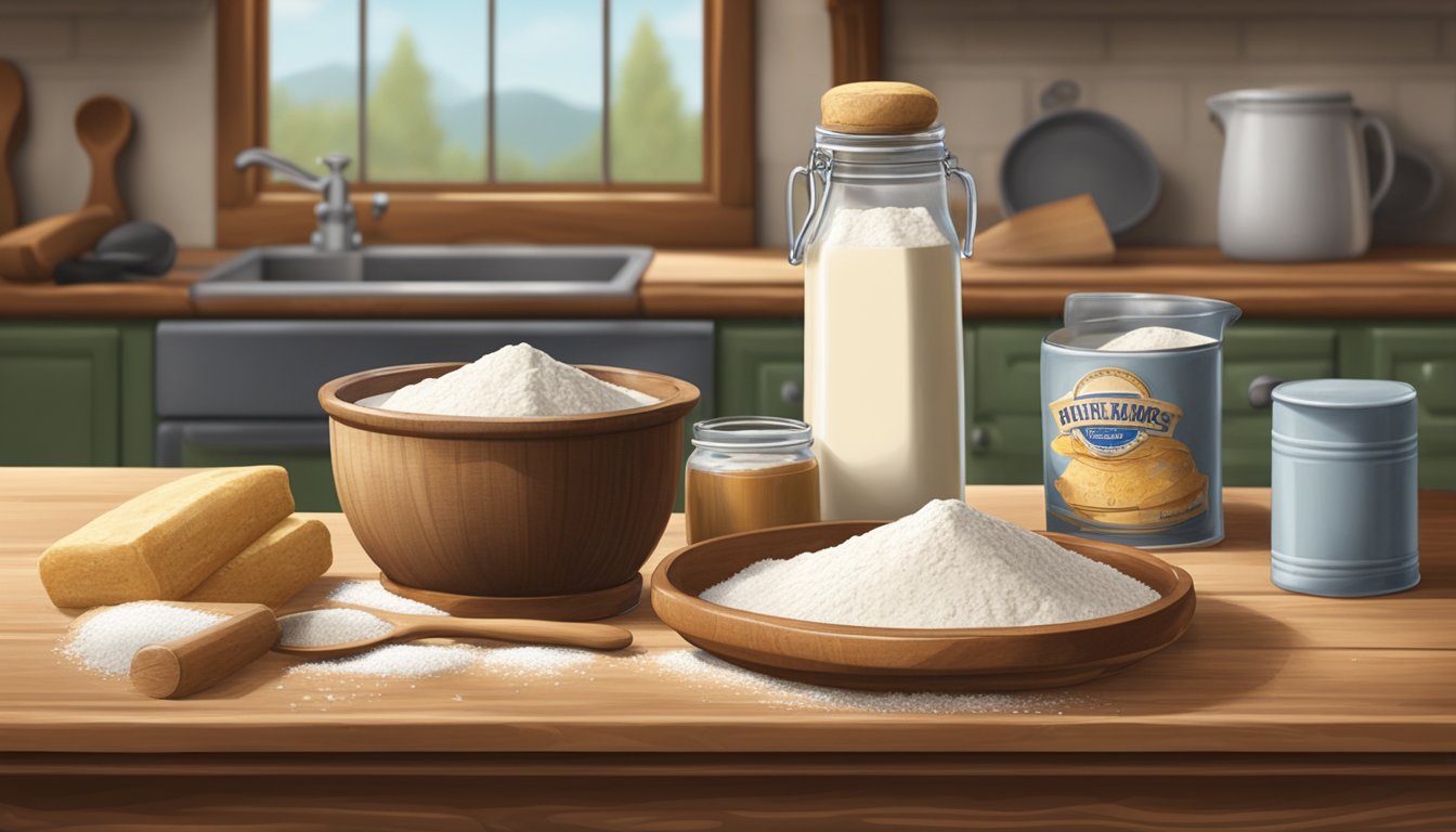 A rustic kitchen counter with a bowl of flour, buttermilk, and a rolling pin, surrounded by Texas-themed decor