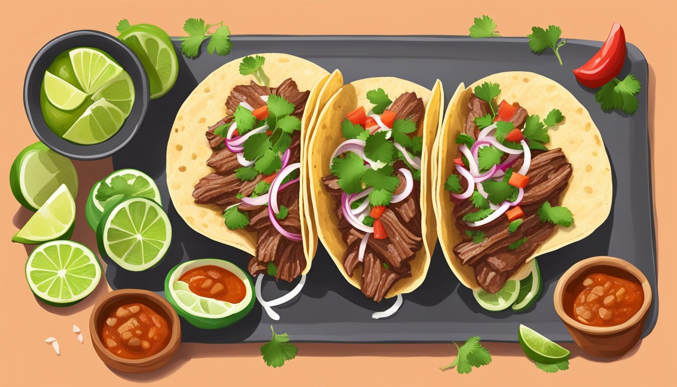 A steaming plate of beef birria tacos topped with fresh cilantro, onions, and a slice of lime, surrounded by vibrant red and green salsas