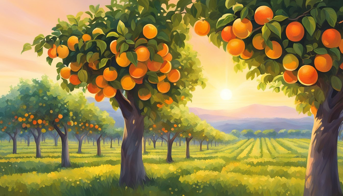 A vibrant Texas orchard filled with ripe ruby red grapefruits ready for picking. The sun shines down on the bountiful trees, highlighting the juicy, colorful fruits