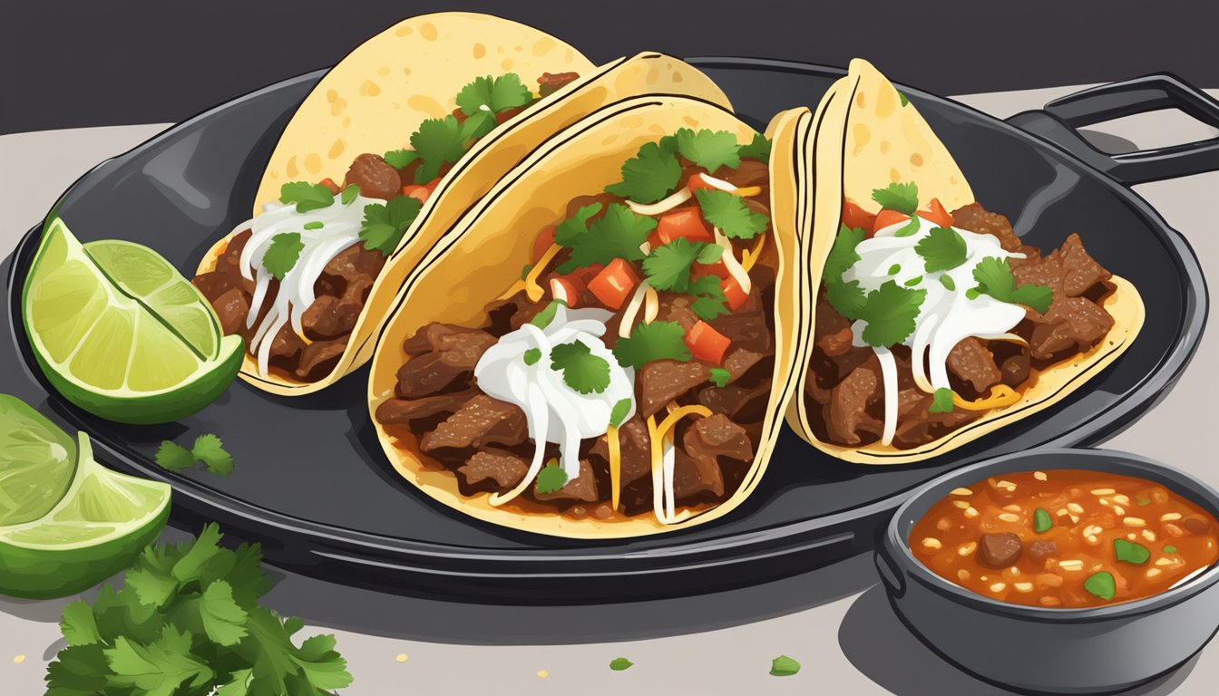 A sizzling skillet of beef birria tacos with melted cheese, diced onions, and fresh cilantro, served alongside a side of spicy salsa and lime wedges