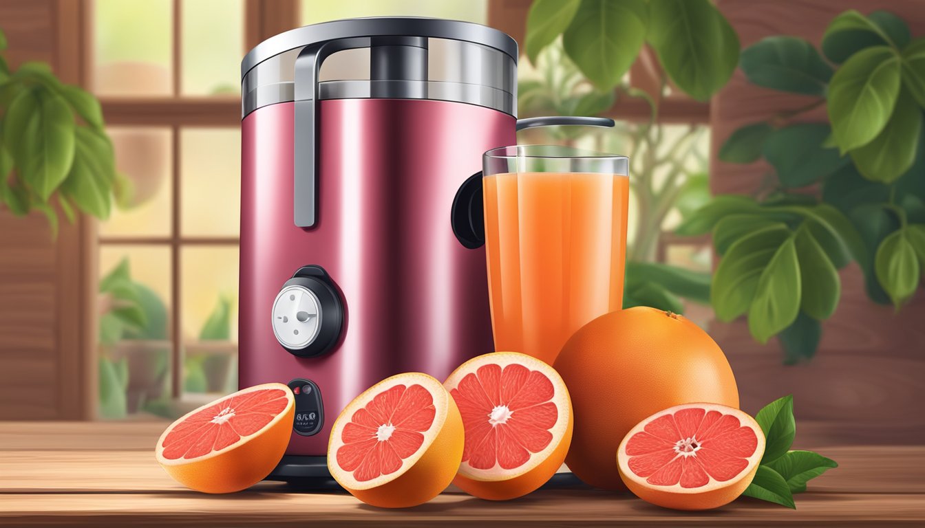 A glass of freshly squeezed ruby red grapefruit juice on a wooden table surrounded by whole grapefruits and a juicer