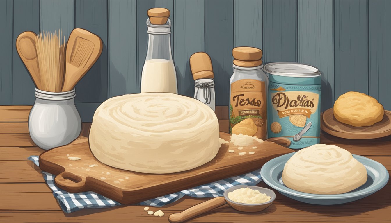 A rustic kitchen with a rolling pin, flour, buttermilk, and a bowl of dough, surrounded by Texas-themed decor