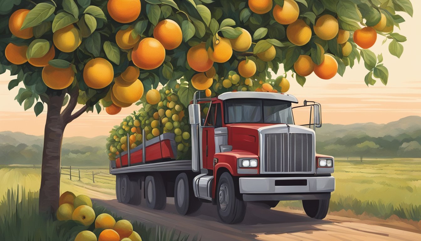 Lush Texas orchard with ripe ruby red grapefruits being picked and loaded onto a truck for harvest