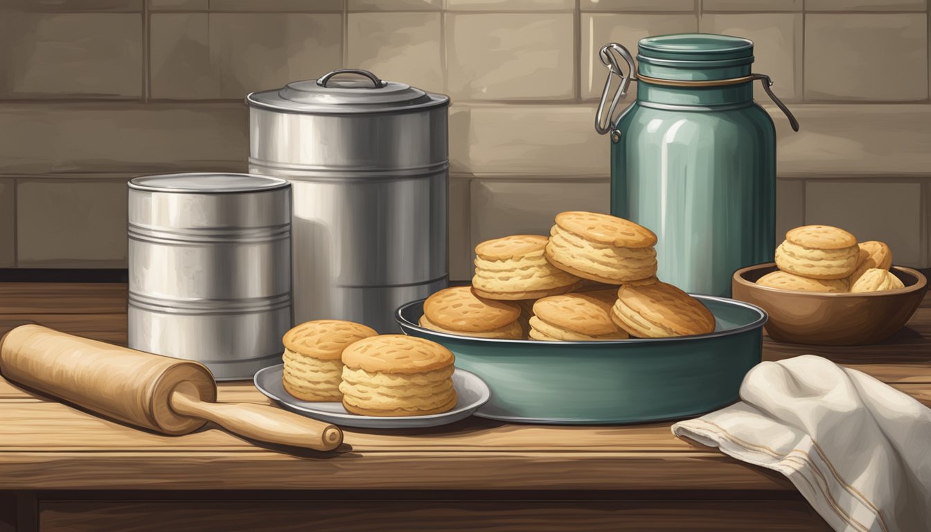 A rustic kitchen with a vintage flour tin, a rolling pin, and a tray of freshly baked buttermilk biscuits