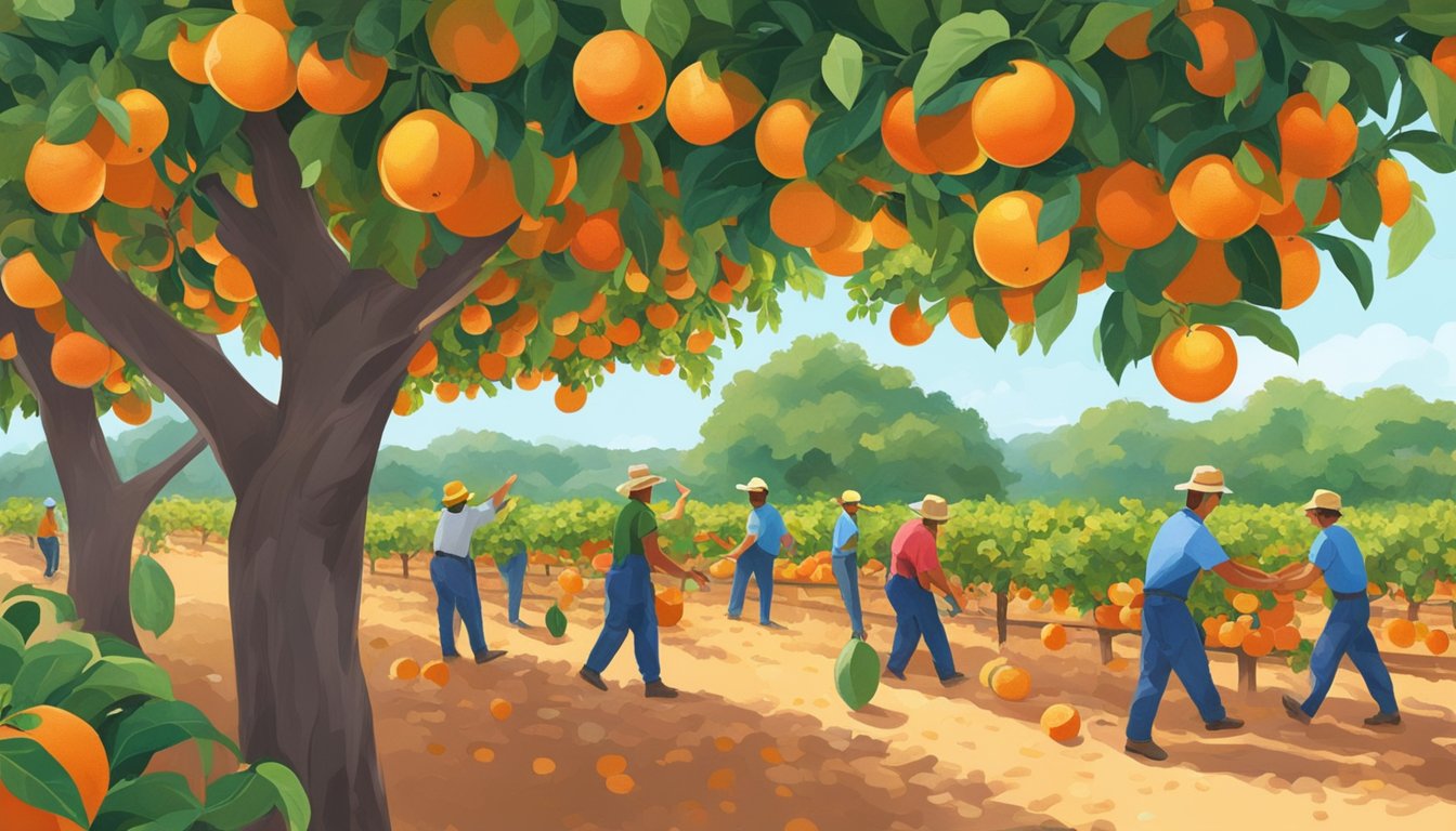 A vibrant Texas orchard filled with ripe ruby red grapefruits, with workers harvesting and packing the fruit for distribution