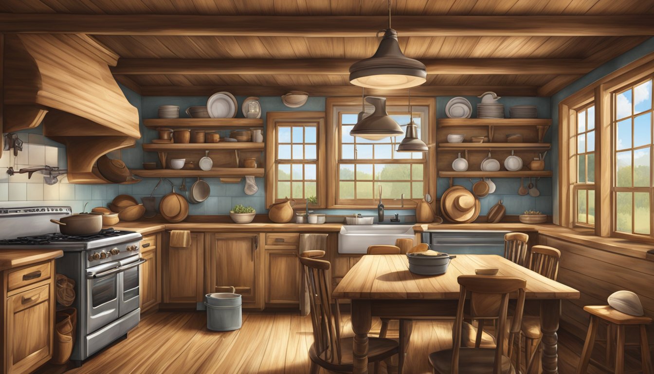 A rustic Texas kitchen with a steaming pot of creamy rice pudding, surrounded by traditional cowboy hats and boots