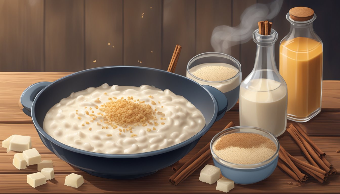 A steaming pot of creamy rice pudding sits on a rustic wooden table, surrounded by scattered ingredients like cinnamon sticks, vanilla pods, and a bottle of sweetened condensed milk