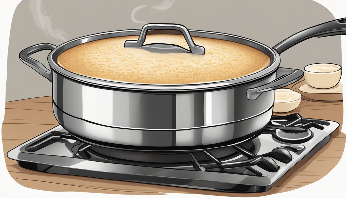 A large pot simmering on a stove, filled with creamy rice pudding and infused with warm cinnamon and vanilla aromas