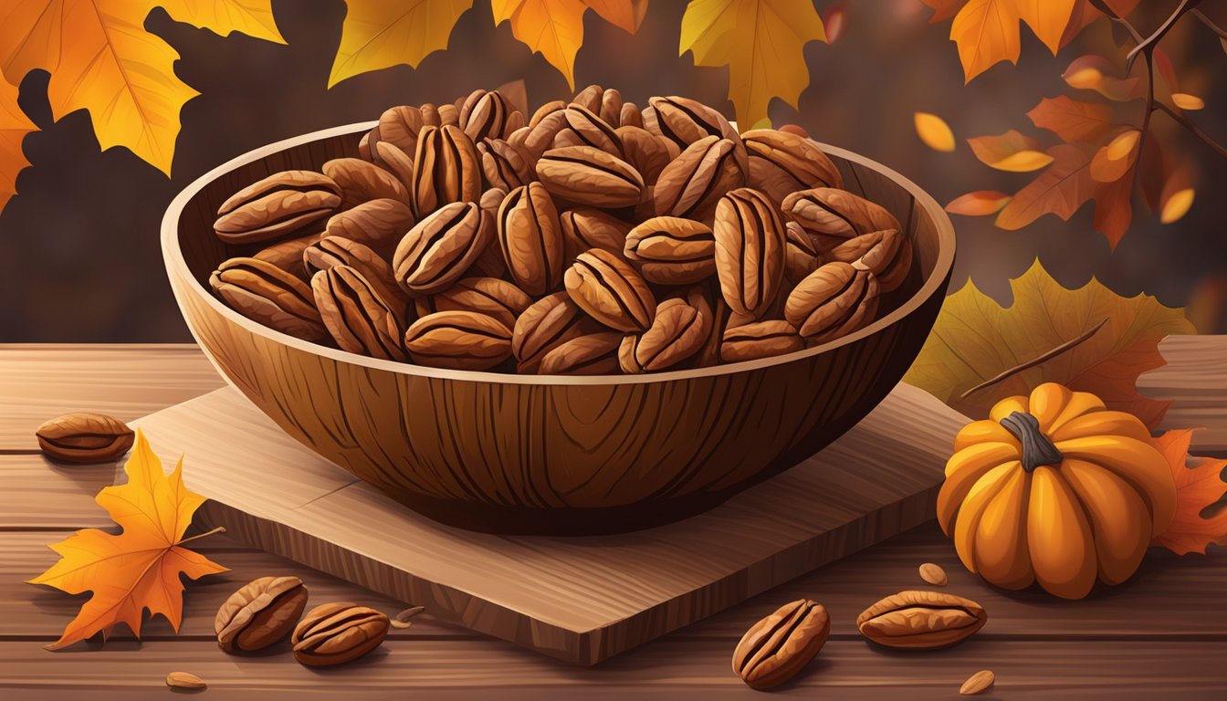 A rustic wooden bowl filled with a variety of freshly harvested Texas pecans, surrounded by autumn leaves and a warm, cozy kitchen backdrop