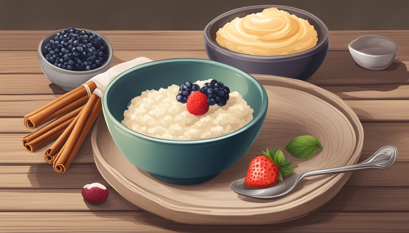 A rustic wooden table with a ceramic bowl of creamy rice pudding, topped with a sprinkle of cinnamon and served with a side of fresh berries