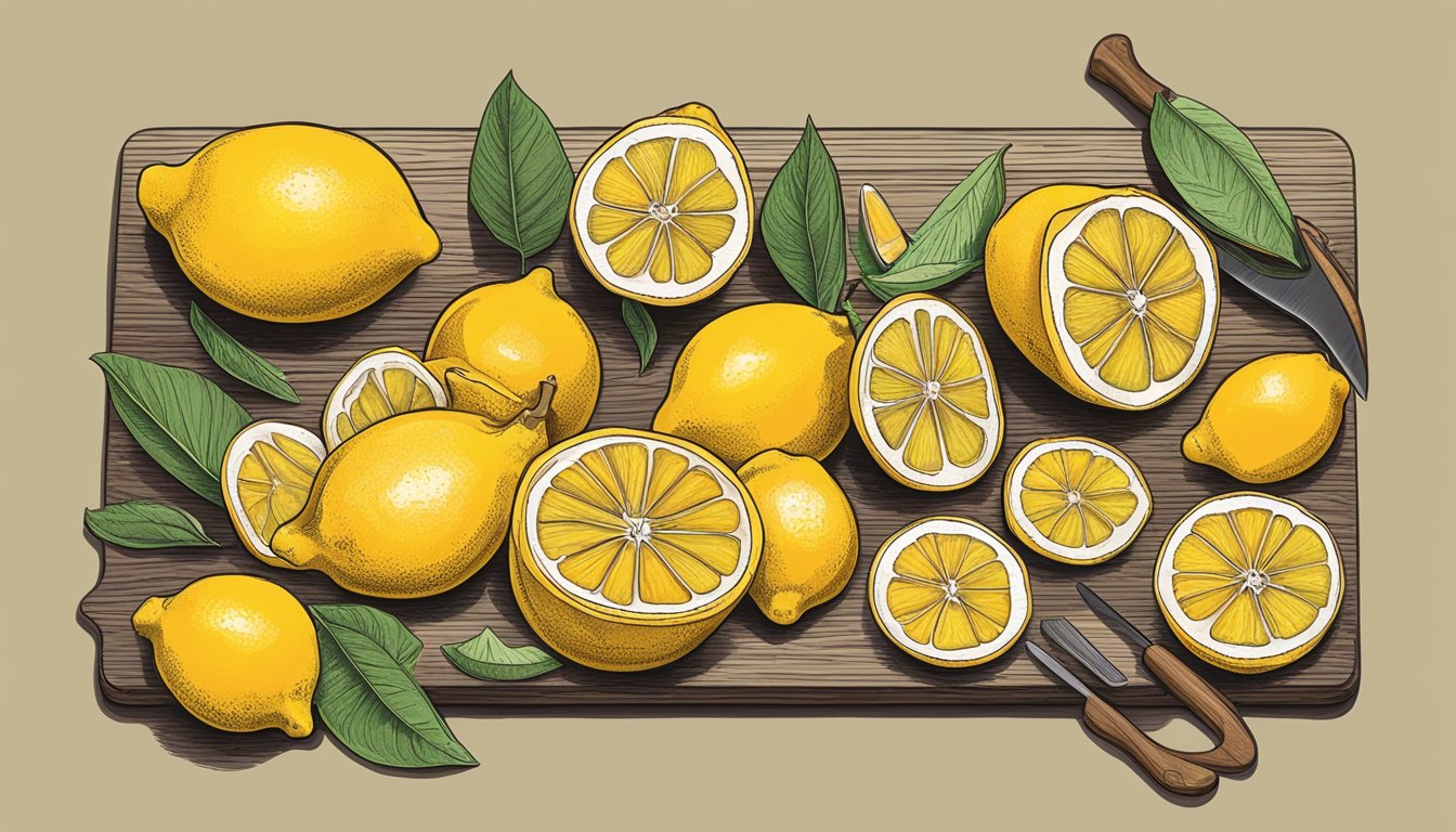 Eight vibrant Meyer lemons arranged on a wooden cutting board, surrounded by Texas fruit and preservation tools