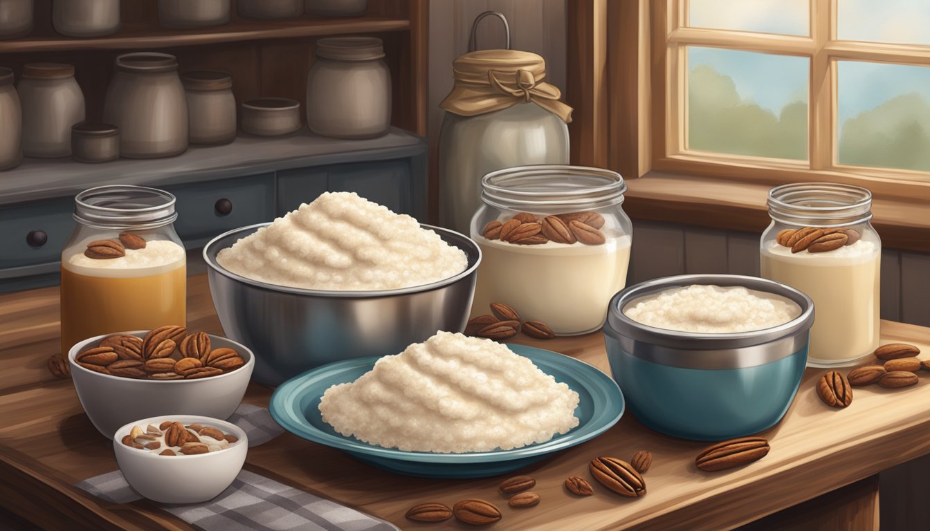 A rustic kitchen table with a steaming pot of creamy rice pudding, surrounded by jars of cinnamon, vanilla, and pecans