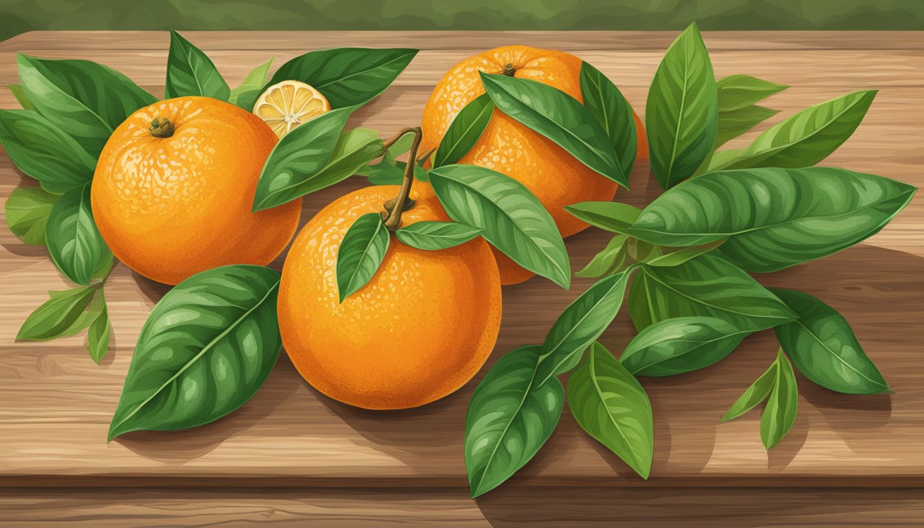 Eight ripe Satsuma mandarins arranged on a wooden cutting board, surrounded by green leaves and set against a rustic Texas backdrop