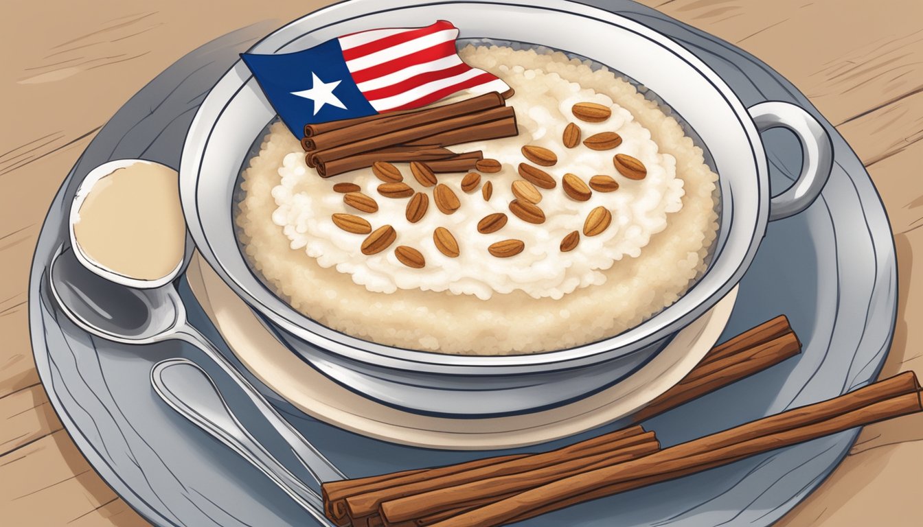 A rustic kitchen table with a steaming bowl of creamy rice pudding, surrounded by scattered cinnamon sticks and a Texas flag napkin