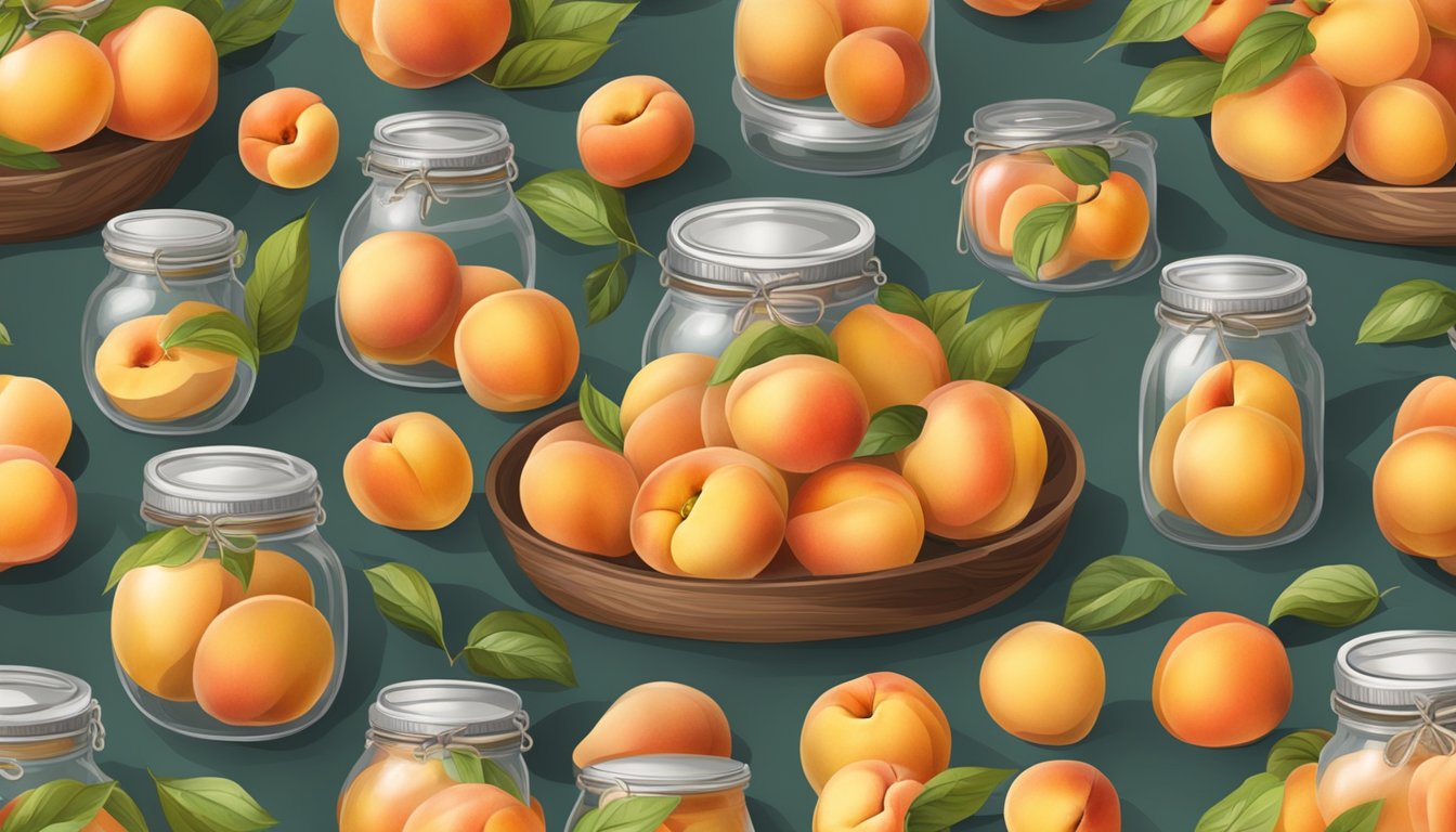 A table filled with ripe peaches, surrounded by jars and preservation equipment