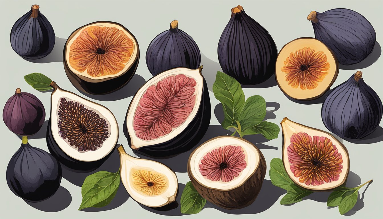 Eight Texas fruits, including black mission figs, arranged for preservation