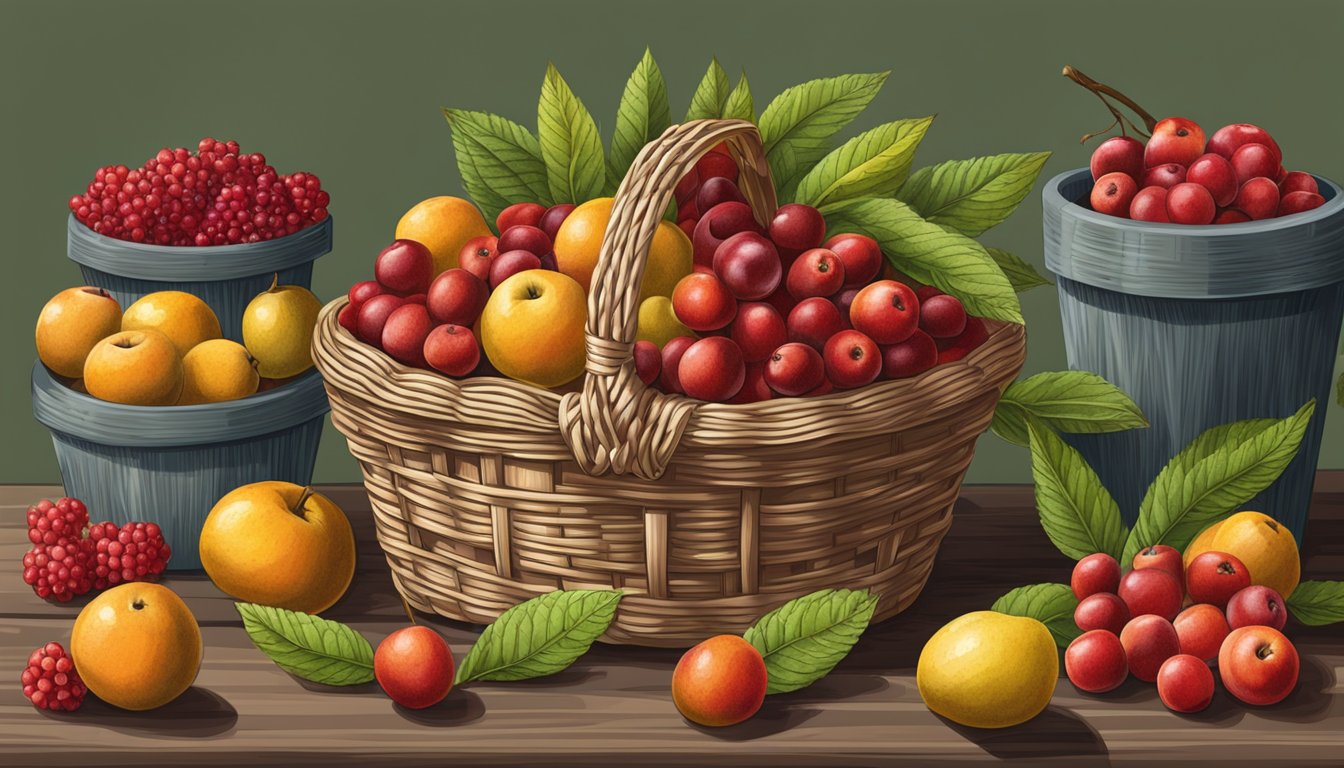 A basket of ripe mayhaw berries and seven other Texas fruits arranged for preservation