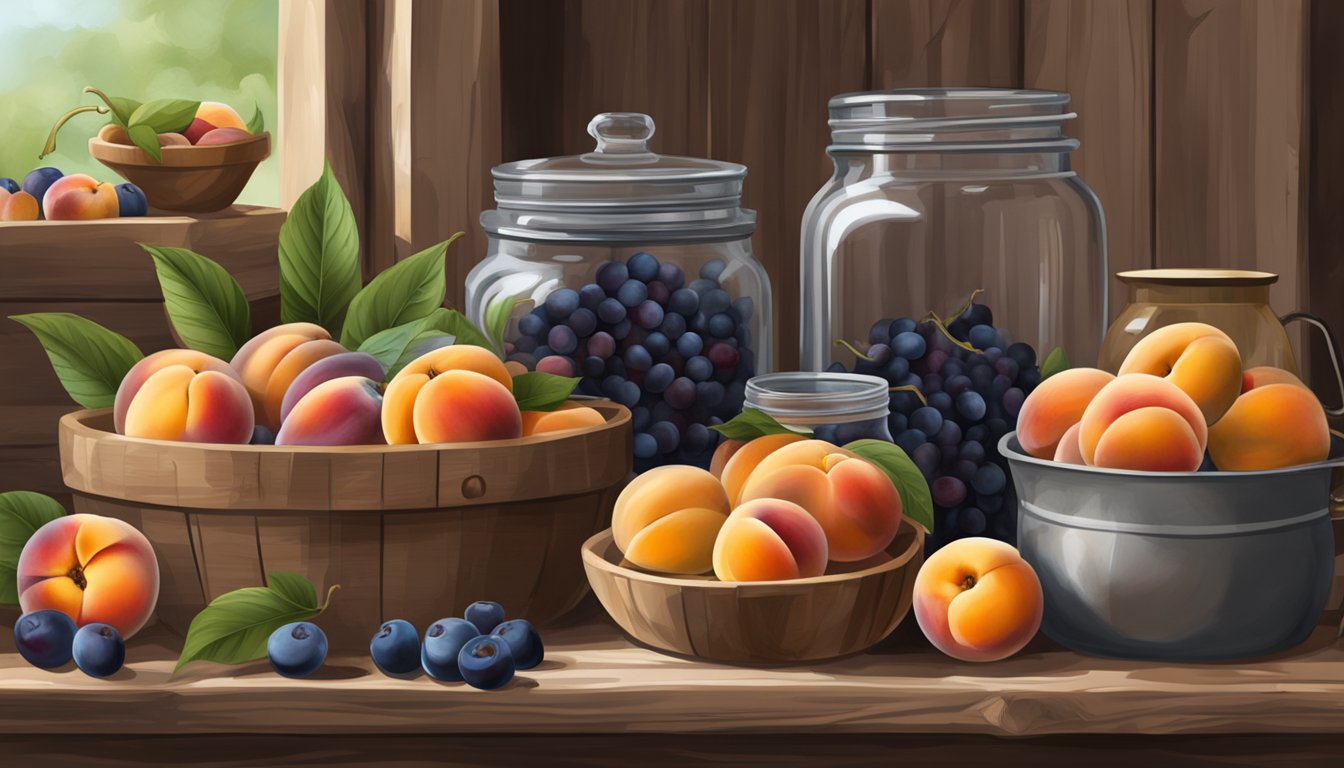 A table filled with ripe Texas fruits like peaches, plums, and berries, surrounded by jars, preserving equipment, and a rustic backdrop