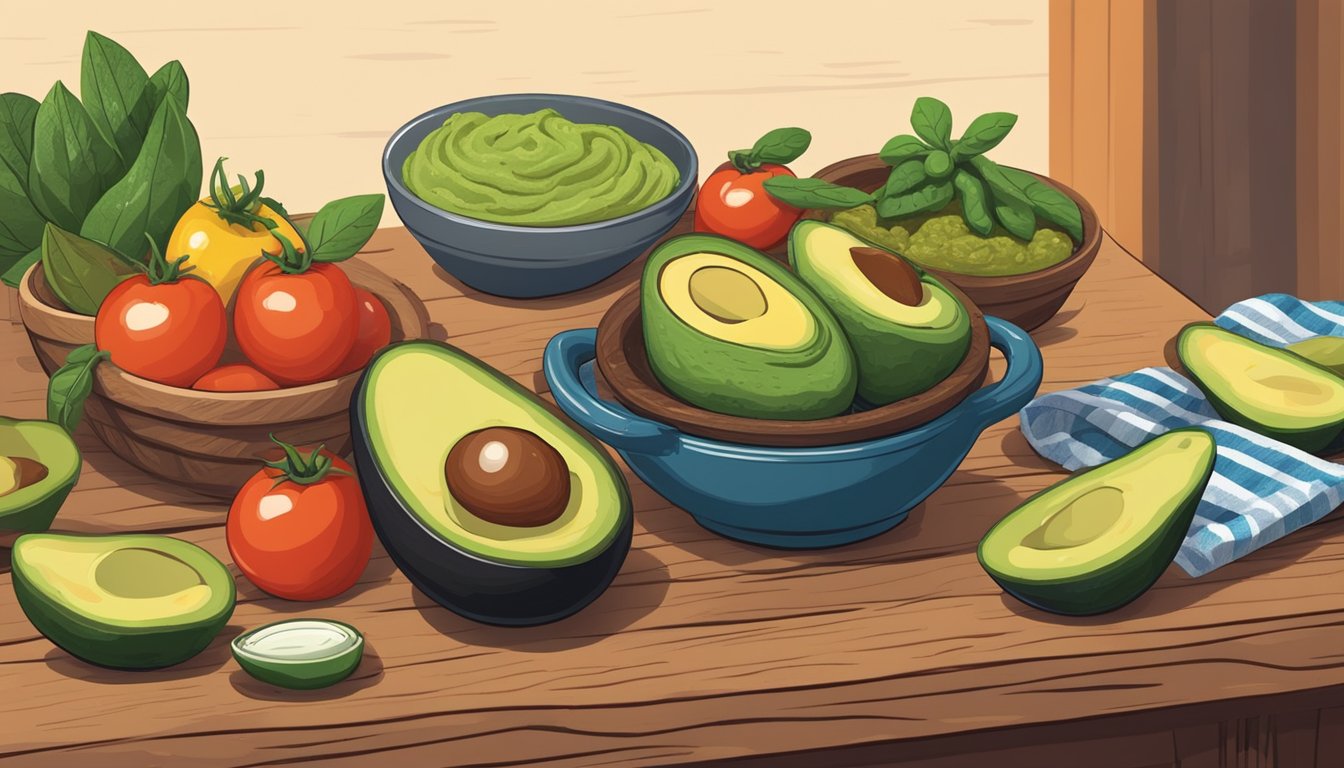 A rustic wooden table with a spread of avocados, tomatoes, onions, and jalapeños, alongside a molcajete filled with freshly made guacamole