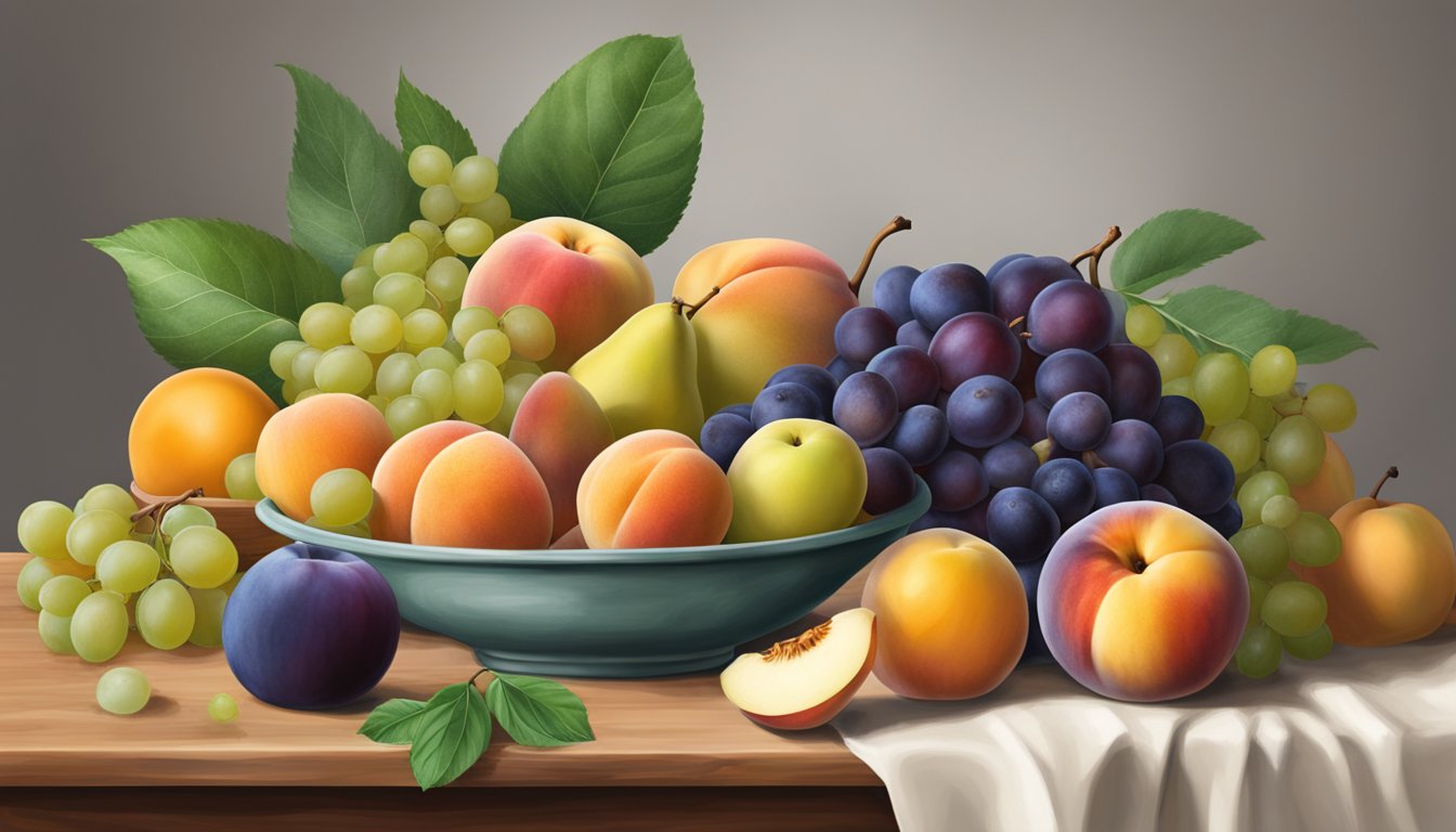 A table displays eight Texas fruits: peaches, plums, figs, apples, pears, grapes, oranges, and watermelons