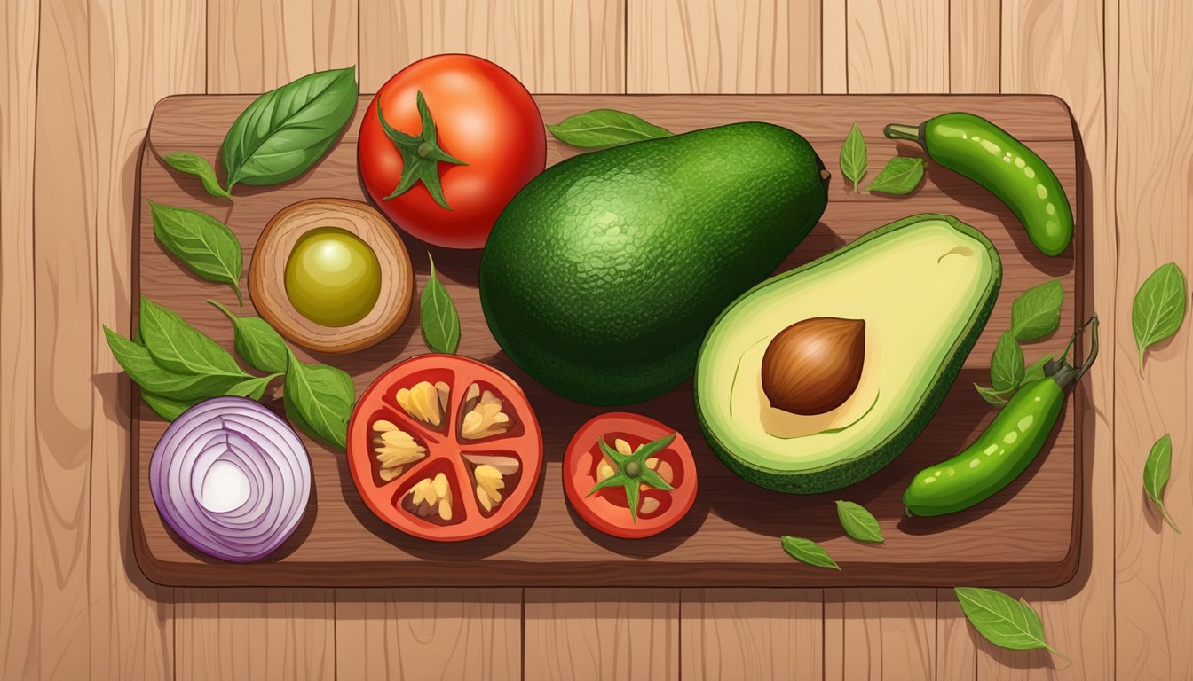 Fresh avocados, tomatoes, onions, and jalapenos laid out on a wooden cutting board, surrounded by colorful Texan spices and herbs