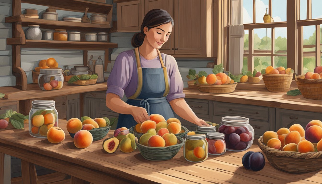 A rustic kitchen table displays jars of preserved Texas fruits, surrounded by baskets of peaches, plums, and figs. A woman in an apron slices fruit for preserving