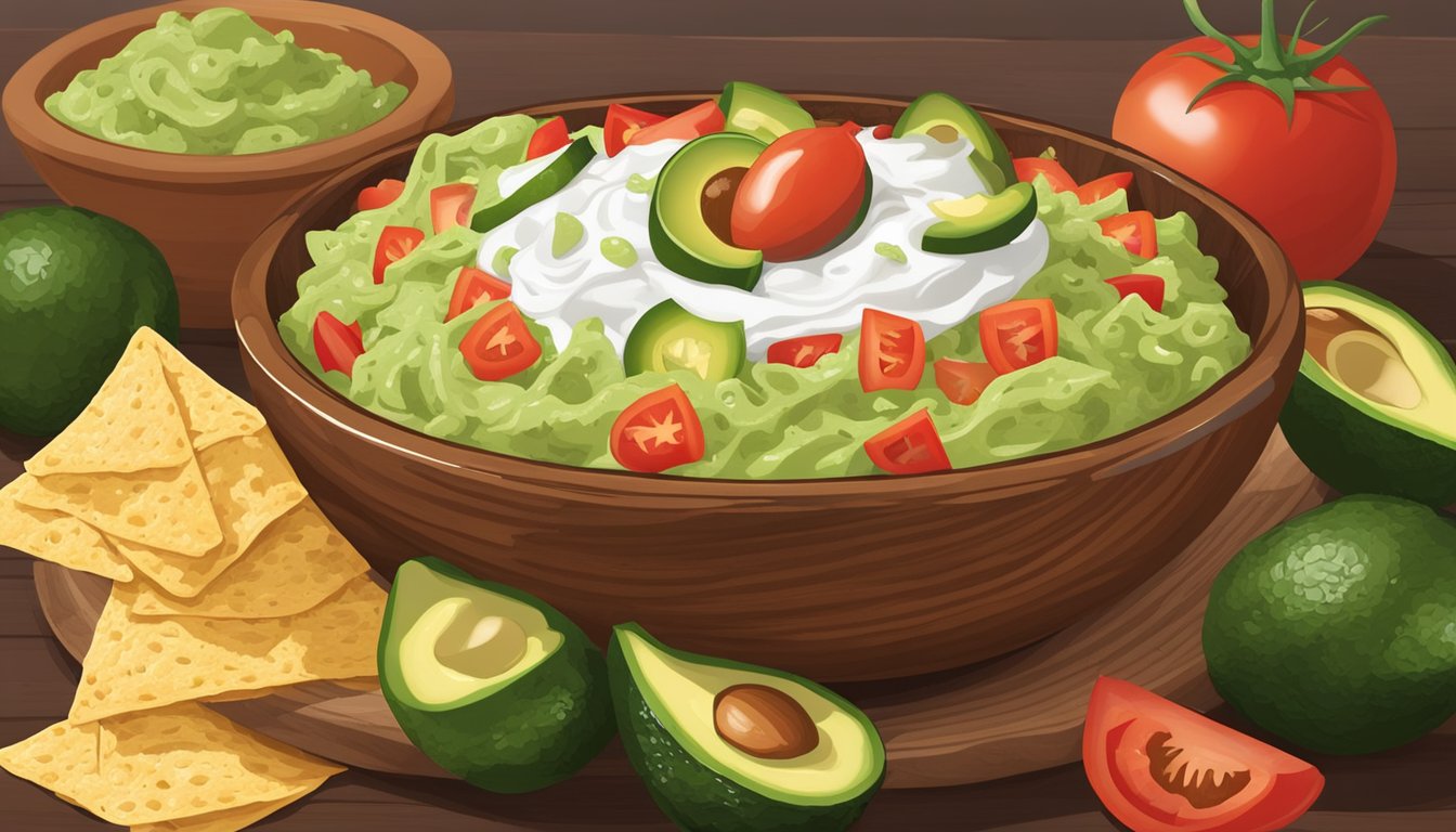 A wooden bowl filled with mashed avocados, diced tomatoes, onions, and jalapenos, surrounded by tortilla chips and a dollop of sour cream