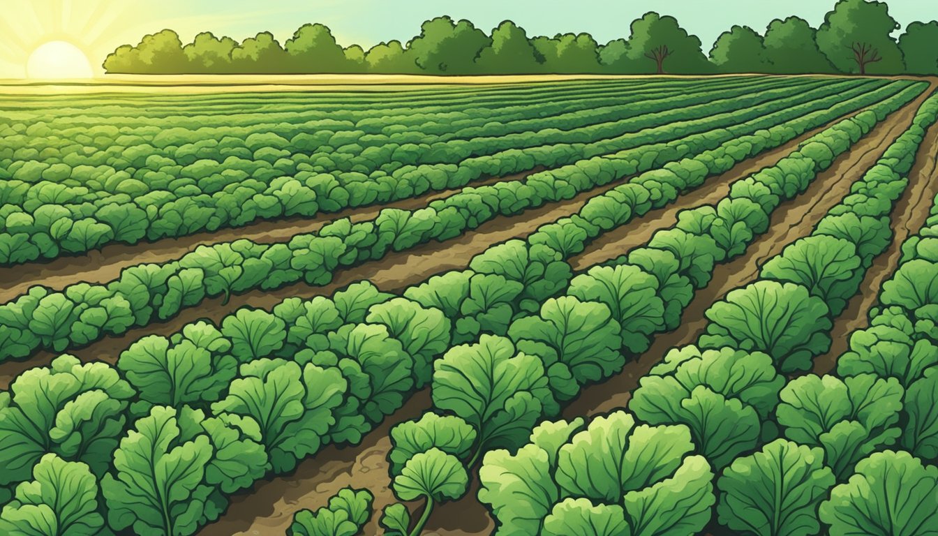 Lush green fields of kale, spinach, and collard greens, basking in the warm Texas sun, ready for harvest