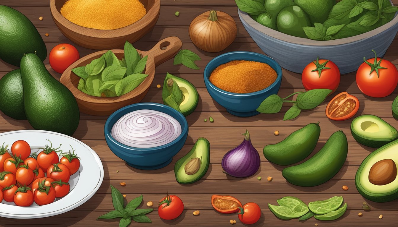 A rustic wooden table displays a colorful spread of avocados, tomatoes, onions, and jalapeños, surrounded by bowls of spices and herbs