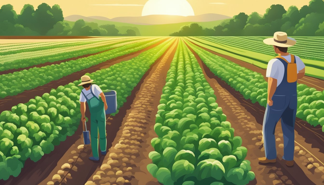 Lush green fields of leafy vegetables being tended to by farmers under the warm Texas sun, with rows of vibrant crops ready for harvest